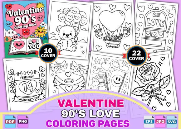 Valentine 90s Love Coloring Book Pages